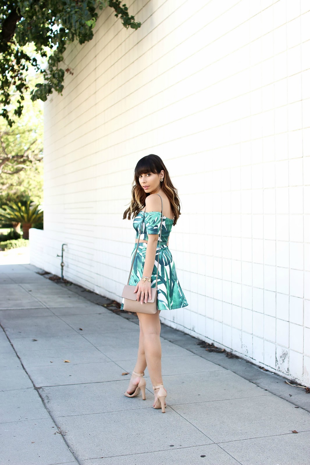palm tree print, boohoo, matching set, ootd, los angeles blogger, vince, shoulder bag, zara, celine sunglasses, Stiletto Beats,